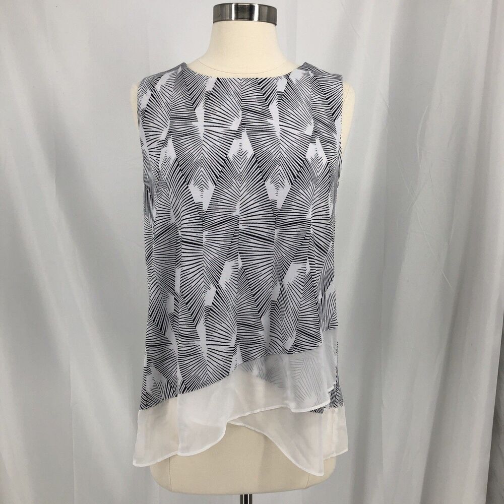 Vince Camuto Womens Sleeveless Tank Blouse Size PL White w/ Black Design